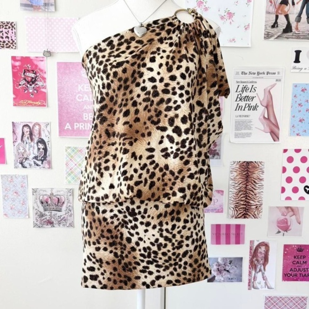 Cache One Shoulder Leopard Print Ruched Mini Dress Size S
